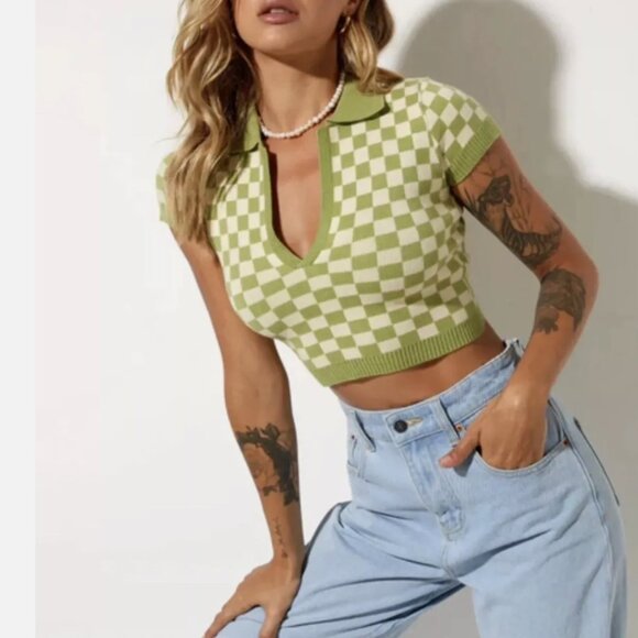 Hesperus Green Cream Checkered Crop Top Collared Sweater Medium Short Sleeve - Picture 1 of 7